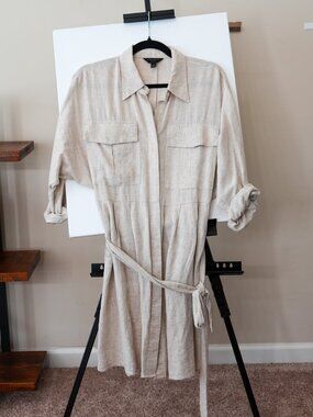 Banana Republic Linen Blend Utility Belted Shirtdress Oatmeal Neutral Wear to Wo